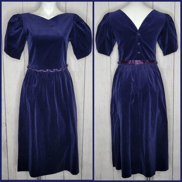 Vintage 80s Blue Velveteen Puff Sleeve Midi Dress with Braided Belt, size 9/10 - Picture 1 of 10
